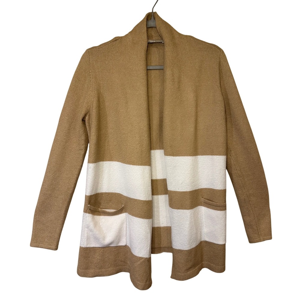LOFT Womens Cardigan Sweater Size Small Beige Cream‎ Striped Open Front Pockets